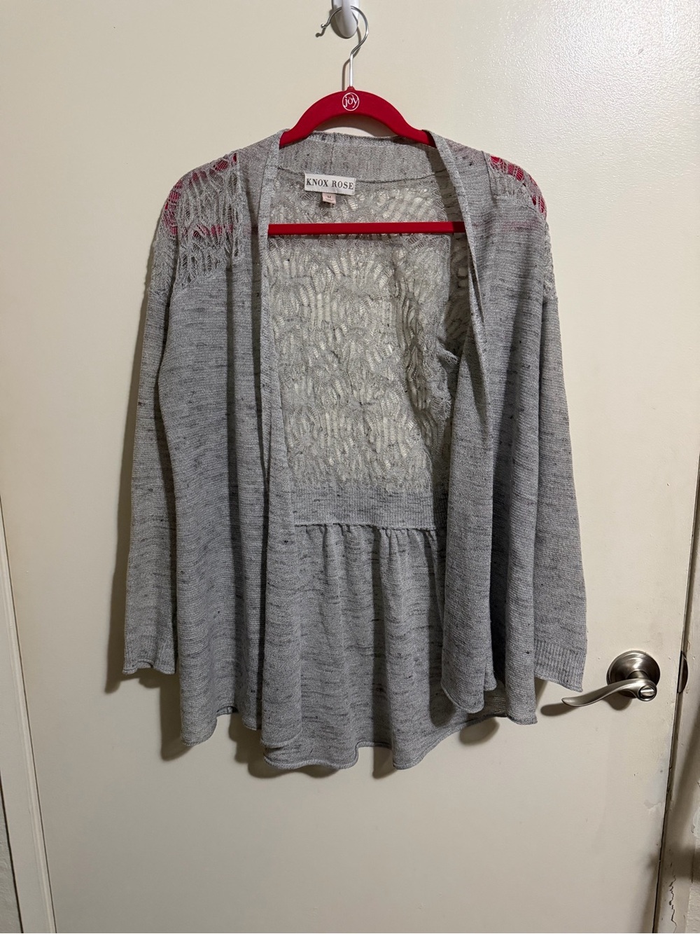 Knox Rose Light Gray Open-Front Knit Cardigan with Lace Yoke